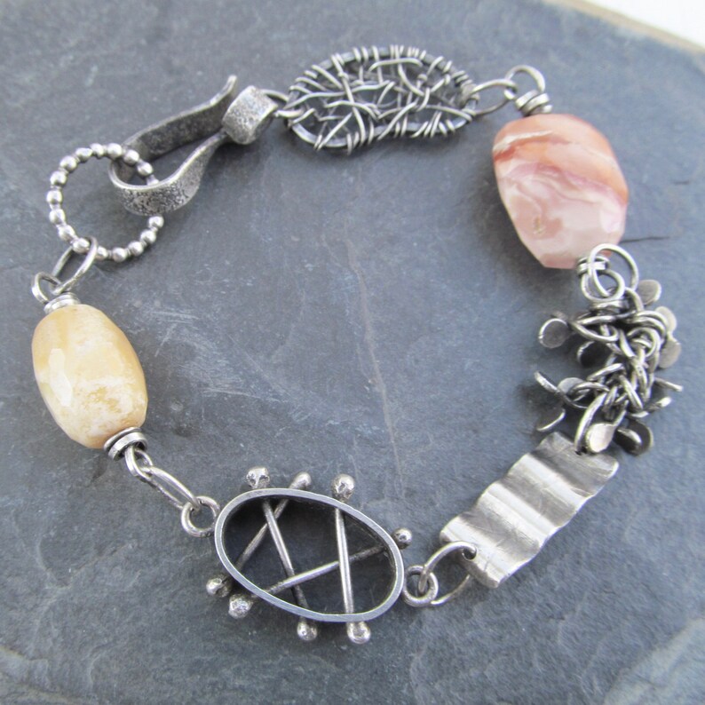 Eclectic Sterling Silver Charm Bracelet Peach Yellow Opal Gemstone Bracelet Artsy Silver Jewelry Boho Charm Bracelet Rustic Silver Jewelry