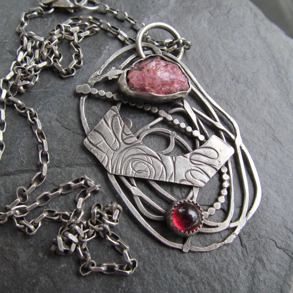 Long Bohemian Necklace Sterling Silver Pink Gemstone Pendant Collage Necklace Rough Red Ruby Necklace Pink Gemstone Large Scribble Pendant