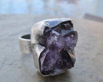 Raw Amethyst Druzy Ring Purple Rough Gemstone Crystal Rustic Silver Ring Size 7 3/4