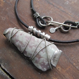 Men&#39;s Rough Stone Necklace for Men Leather and Silver Necklace Rough Stone Pendant Leather Rocker Necklace Silver Masculine Jewelry for Him