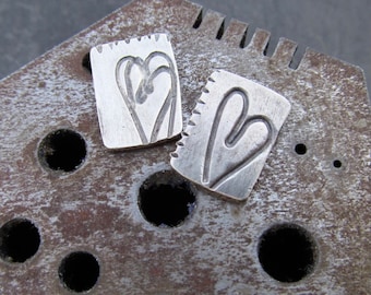 Wonky Embossed Heart Stud Earrings Sterling Silver Rectangle Love Valentine's Day Girlfriend Gift