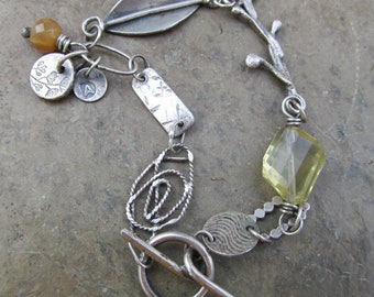 Eclectic Charm Bracelet Bracelet Sterling Silver Branch Leaf Yellow Gemstone Toggle Bohemian Jewelry