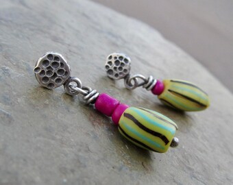 Colorful African Trade Bead Stud Earrings Silver Asymmetric Tribal Earrings Striped Fuchsia Yellow Dangles