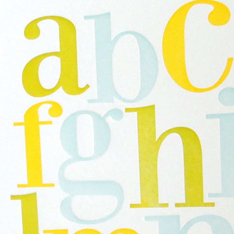 letterpress alphabet print in yellow lime green and sky