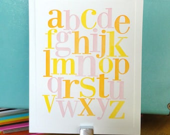 Letterpress alphabet print in yellow, orange and pink for Nursery or Child's room