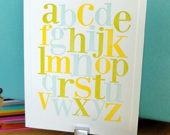 Letterpress alphabet print in yellow, lime green and sky blue for Nursery or Child's Room