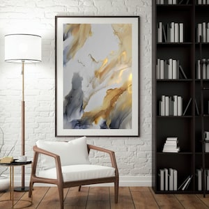 Oeuvre d'art Encre à alcool Décoration murale Encre à alcool Fluide Image d'art Taille A2 42 x 59,4 cm Beige Noir Or Papier Yupo