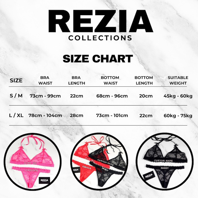 May include: Image of a size chart for lingerie from REZIA COLLECTIONS. The chart includes bra and bottom measurements in centimeters, and suitable weight in kilograms. Examples of lingerie sets in pink, red, and black are shown.