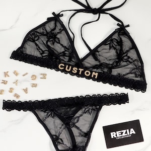 Custom Name Thong Flower Mesh Embroidery Lingerie Set, Custom Thong With Letter, Personalized Name Thong Set