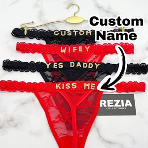 Custom Name Lace Thong, Personalised Name Thong, Custom Name Thong, Custom Thong With Gold Charms
