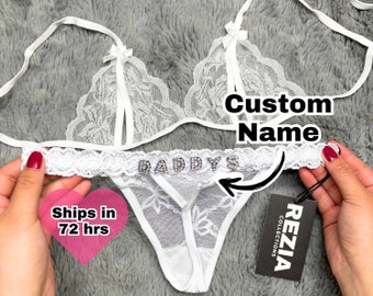 Personalisierter benutzerdefinierter Name Tanga-BH, benutzerdefinierter Name Spitzen-Tanga-BH mit Kristallbuchstaben, perfektes Paargeschenk, benutzerdefinierte Dessous-Set