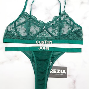 Tanga con nombre personalizado y bordado de malla floral, tanga personalizada con letra, lencería personalizada