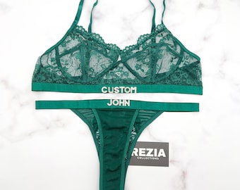 Custom Name Thong Flower Mesh Embroidery Lingerie Set, Custom Thong With Letter, Custom Lingerie Set