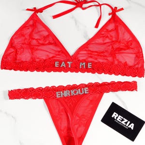 Custom Name Thong Flower Mesh Embroidery Lingerie Set, Custom Thong With Letter, Personalized Name Thong Set