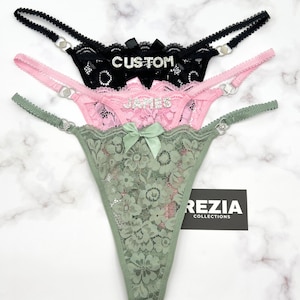 Tanga con nombre personalizado, Tanga con nombre personalizado, Tanga de encaje con nombre personalizado y letra de cristal, Regalo para él