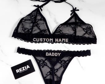Ensembles de lingerie prénom personnalisés en cristal, Soutien-gorge prénom, String prénom, Ensemble de lingerie prénom personnalisé, Strings en dentelle prénom personnalisés, Strings prénom personnalisés
