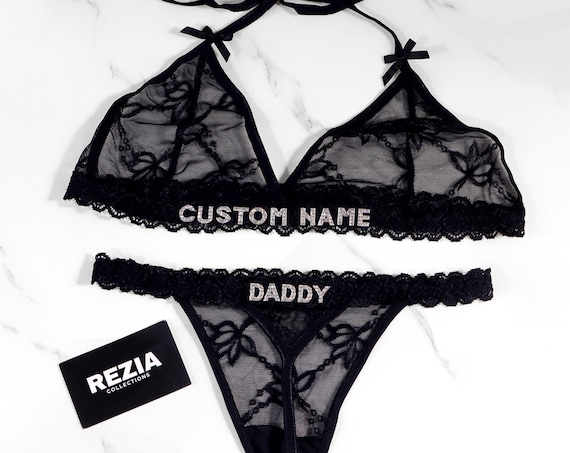 Custom Crystal Name Lingerie Sets, Name Bra, Name Thong, Personalized Name Lingerie Set, Custom Name Lace Thongs, Custom Name G-strings