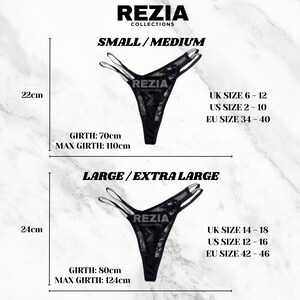 May include: Black lace thong underwear by Rezia Collections. Two size options are shown: Small/Medium with a 22cm height, 70cm to 110cm girth, and US sizes 2-10; Large/Extra Large with a 24cm height, 80cm to 124cm girth, and US sizes 12-16.
