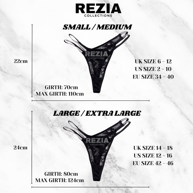May include: Black lace thong underwear by Rezia Collections. Two size options are shown: Small/Medium with a 22cm height, 70cm to 110cm girth, and US sizes 2-10; Large/Extra Large with a 24cm height, 80cm to 124cm girth, and US sizes 12-16.