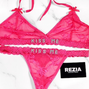 Custom name Thong Flower Mesh Embroidery Lingerie Set, Custom Thong With Letter, Custom Name Thong