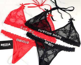 Custom Lingerie, Bra and Panty Set, Custom Name Thong, Personalized Thong, Bridal Lingerie, Anniversary Gifts for Him