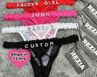 Personalised Thong, Custom Name Thong, Custom Name Lace Thong With Crystal Letter Name Thong, Gift for Him