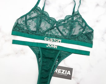 Custom Lingerie Set, Bra and Panty Set, Custom Name Thong, Personalized Thong, Bride Lingerie, Anniversary Gifts for Him