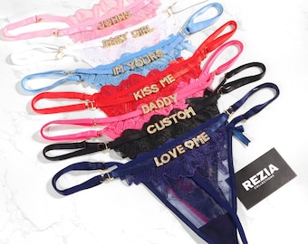 Benutzerdefinierter Name Lace Tanga, personalisierter Name Tanga, benutzerdefinierter Name Tanga, benutzerdefinierter String mit Goldanhängern