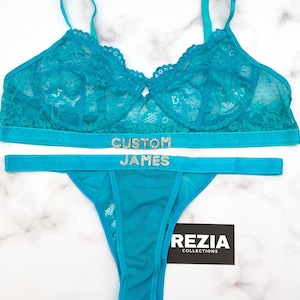 Conjunto de lencería con bordado de malla floral y tanga con nombre personalizado, tanga personalizada con letra, conjunto de sujetador y tanga con nombre personalizado