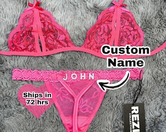 Benutzerdefinierter Name Tanga BH, personalisierter Spitzen Tanga BH, Perfektes Paar Geschenk, Jubiläumsgeschenk, Benutzerdefinierte Dessous Set