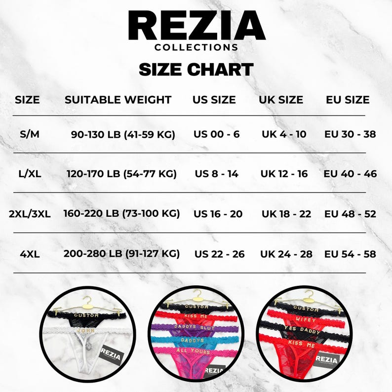 Może przedstawiać: Tabela rozmiar&oacute;w Rezia Collections z kolumnami dla rozmiaru, wagi w kilogramach oraz zakres&oacute;w rozmiar&oacute;w US, UK i EU. Poniżej tabeli znajdują się trzy okrągłe obrazy przedstawiające r&oacute;żne stringi z napisami takimi jak Custom, Kiss Me i Yes Daddy.
