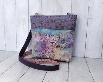 Purple Batik Cross Body Purse, Adjustable Strap Purse with Credit Card Pockets