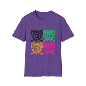 Puede incluir: Camiseta morada con cuatro corazones coloridos que presentan un diseño de placa de circuito y las letras "AI" dentro de cada corazón.
