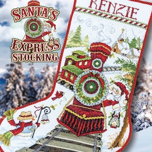 May include: A red and green Christmas stocking featuring a train and Santa Claus design. The stocking is labelled "Santa's Express Stocking" and decorated with a wreath and a snowman.
