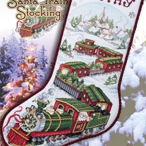May include: A cross-stitch pattern for a Christmas stocking featuring a green and red train with Santa Claus in the cab. The stocking is titled "Santa Train Stocking" and has the name "Timothy" at the top. The pattern is from the Stoney Creek Collection.