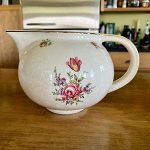 Lovely Large Homer Laughlin Priscilla Ovenware Serving Pitcher, Household Institute, Floral Pattern on Creme with Gold Accents