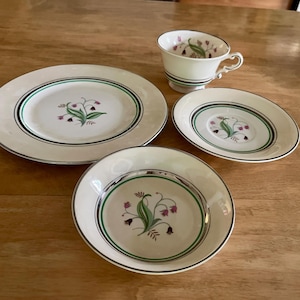 Four Piece Set of Beautiful CoralBel Pattern, &quot;Old Ivory&quot; Syracuse China - Tea Cup and Saucer, Dessert Bowl, Bread Plate