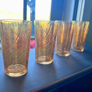 Set of Four Jeanette Marigold Iridescent Carnival Glass Drinking Glasses, Swirl Pattern, Ridged