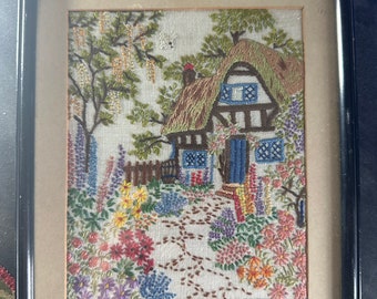 Vintage English cottage garden picture. A traditional thatched cottage and old fashioned flowers. Very pretty handmade 1930’s piece.