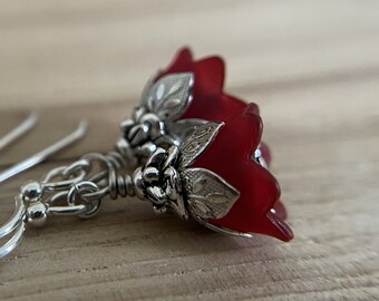 Deep Red Tulip Earrings Sterling Silver Ear Wire
