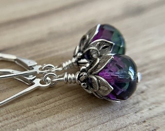 Faerie Tears Earrings Sterling  Silver Ear Wire 9x6 mm Purple and Teal Glass Dangle