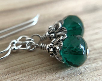 Emerald Green Earrings Sterling  Silver Ear Wire Green Glass Dangle