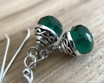 Emerald Green Celtic Earrings Sterling Silver Ear Wire  Glass Dangle