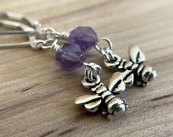 Amethyst Honey Bee Earrings Sterling Silver Ear Wires