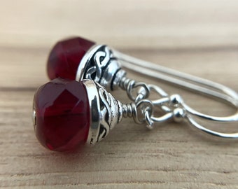 Garnet Red Celtic Earrings Sterling Silver Ear Wires