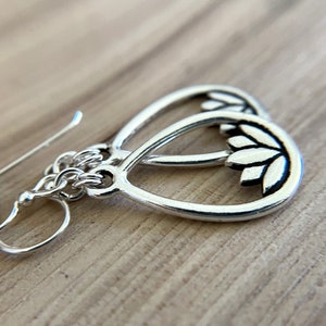 Silver Teardrop Earrings Lotus Motif Sterling Silver Ear Wires