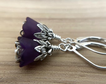 Deep Violet Flower Earrings Sterling Silver Ear Wire