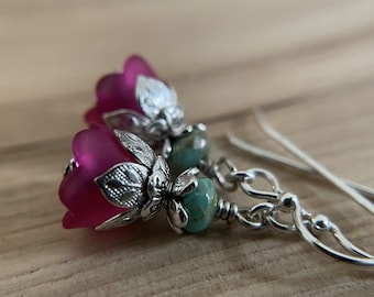 Turquoise and Hot Pink Earrings Sterling Silver Ear Wire