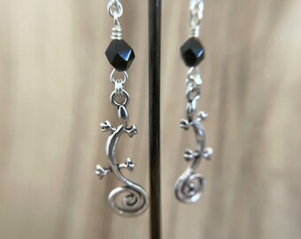 Obsidian Gecko Earrings Sterling Silver Ear Wires