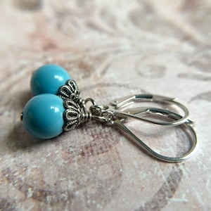 Blue Turquoise Pearl Earrings Sterling Silver Ear Wire 8 mm Swarovski Crystal